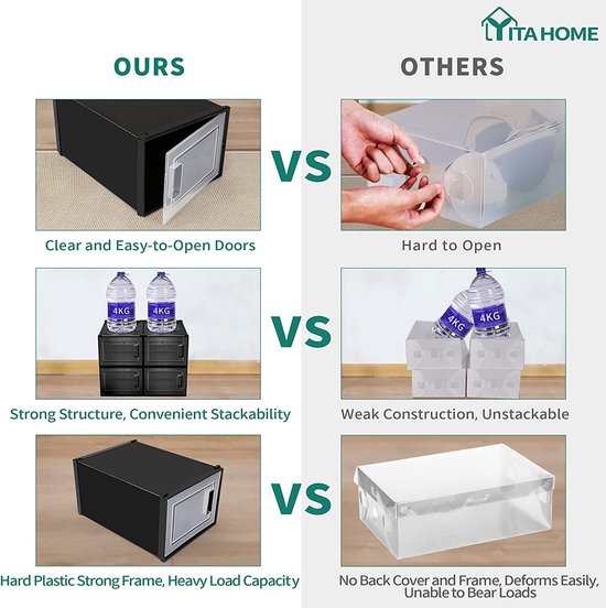 Schoenendozen, set van 6, schoenendoos stapelbaar, stabiel, opbergdozen voor schoenen met transparante deur en ventilatiegaten, voor schoenen tot maat 46, stapelbare schoenendoos zwart