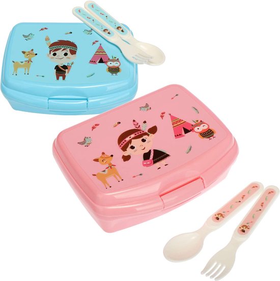 6-delige set lunchtrommel en bestek, met grappige indianenmotieven voor jongens en meisjes, broodtrommel met lepel en vork (roze/blauw - 6-delig)