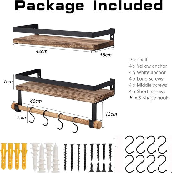 Houten wandrek, zwevend rek, 2 stuks, met handdoekhouder en 8 haken, ideaal voor keuken, woonkamer, badkamer en andere wanddecoratie