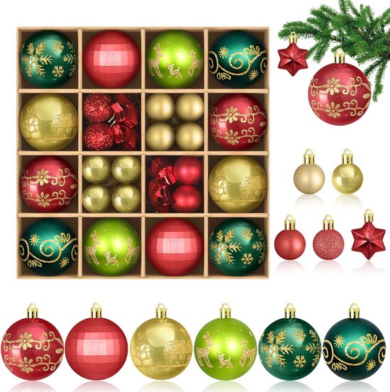 Kerstballen, set van 44 stuks, kerstboomversiering, ballen in meerkleurig, kerstdecoratie
