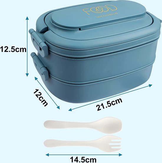 2-laags lunchbox: 1550ml lunchbox met 3 vakken - met bestek - plastic BPA-vrije lunchbox voor volwassenen en heren - lekvrije vakken bentobox magnetronbestendige verwarming