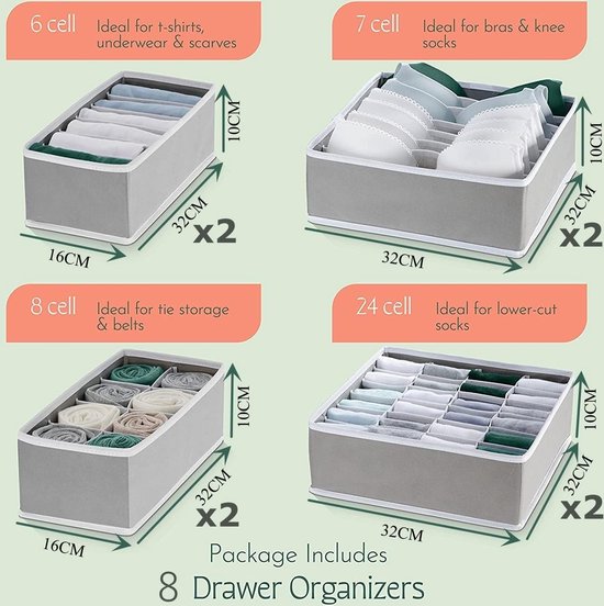 8 stuks lade-opbergsysteem, opvouwbare lade-organizer voor ondergoed, stoffen box, ondergoed-organizer voor het bewaren van beha's, sokken, ladeverdeler, thuis, slaapzaal, kledingkast
