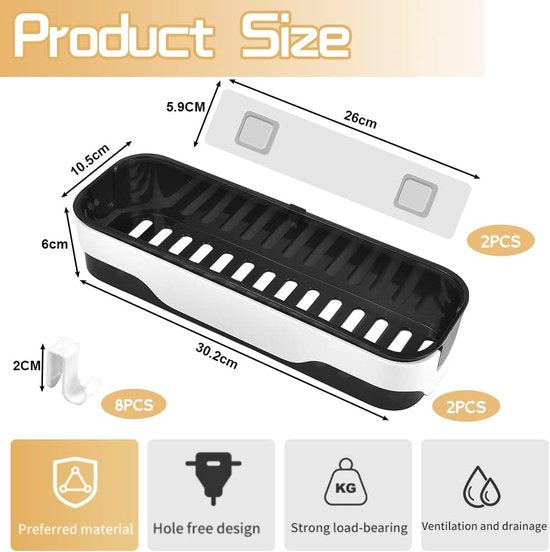 2 stuks badkamerrekken, doucheplank, zonder boren, wandrek, badkamer, zelfklevend, doucheplank, plastic douchemanden met 4 haken, badkamerrek, badkamerrek, zonder boren, plank voor