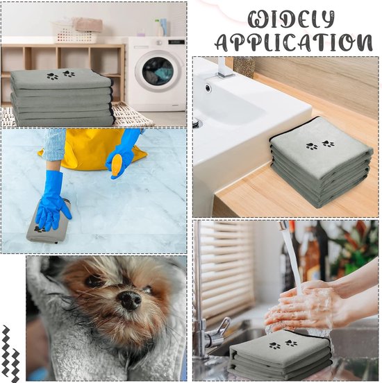 Set van 4 microvezel hondenhanddoeken, zacht, absorberend, huisdierbadhanddoek, droogverzorgingshanddoek met geborduurde poten, voor katten, badverzorging, grijs, 90 x 50 cm