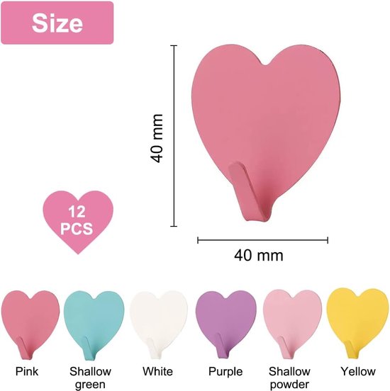 12 stuks zelfklevende haken, roestvrij staal, zelfklevende haken, kledinghaken, wandhaken, garderobehaken, kleurrijke plakhaken, hartvorm, wandhaken, zelfklevend, waterdicht zonder boren, kledinghaken, wandhaken, plakken