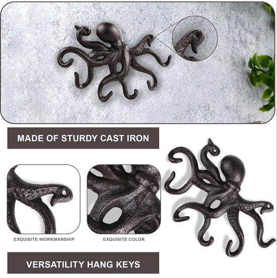 Octopus kapstokken, rustieke kapstokken, gietijzeren muurhaken met schroeven, kapstokken muur om op te hangen, kleding, sleutels, hoeden, tassen, donkerbruin