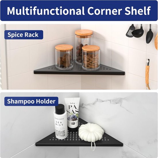 Hoekplank, doucheplank, 304 roestvrij staal, zonder boren, voor badkamer, shampoohouder, organizer, vierkant gat 253 x 253 x 355 mm, zwart, 2 stuks