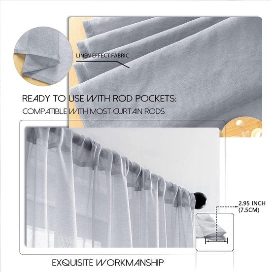 Voile gordijnen met oogjes, halftransparant, kort, linnenlook, voorhang, vitrage, grijs, 225 x 140 cm (h x b) voor woonkamer, slaapkamer, kinderkamer, set van 2