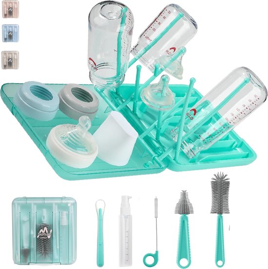 7-in-1 babyfles-reinigingsset: flessenborstel, zuigborstel, stroborstel, zeepdispenser, lepel, droogstandaard babyflessen, opbergdoos, reisbenodigdheden (turquoise)