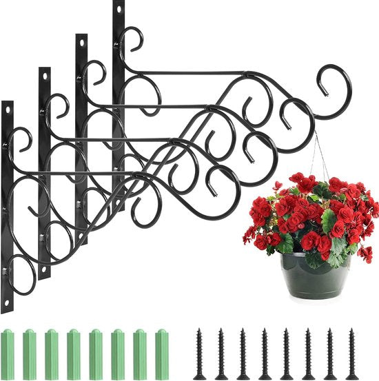 Set van 4 hangende mandhouders, muurbevestiging, ijzeren muurbevestigingshaken met 8 schroeven, ijzeren muurhouder, haken, tuinmanden, hangende plantenbakken, lantaarn, windgong (zwart)