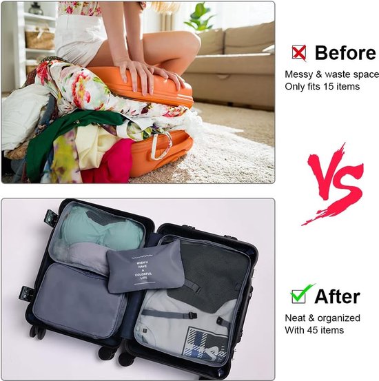 Koffer Organizer Set 8-delig, verpakking cubes, waterdichte reistas, kledingtassen, paktassen voor koffer, kofferorganizer, reistas met make-uptas, schoenenzak, USB-kabeltas (As)