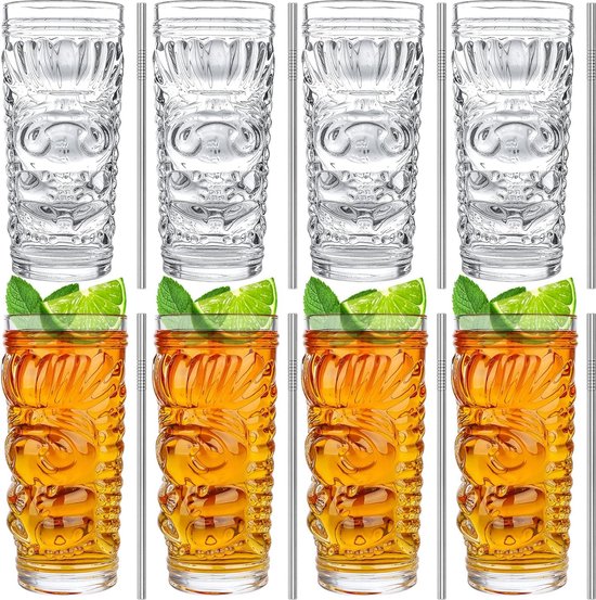 set van 8, kristalheldere cocktailglazen, 14 oz Tiki-kopjes tropisch orkaanglas geschikt voor feesten en bars, barbenodigdheden drinkware cadeauset