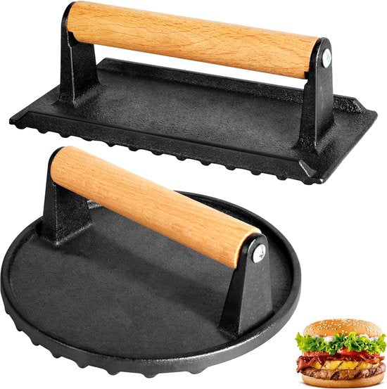 Set van 2 hamburgerpers, gietijzer, hamburgerpers met antiaanbaklaag, rond en rechthoekig, grote hamburgerpers van 1 kg, voor het persen van steaks, hamburgers, spek, worstjes