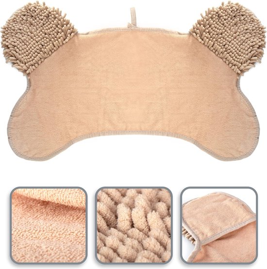 Hondenhanddoek - droogdoek met gulp - chenille drooghanddoek - huisdierhanddoek met handzakken - extra absorberend - badhanddoek voor huisdieren (1 stuk - beige)