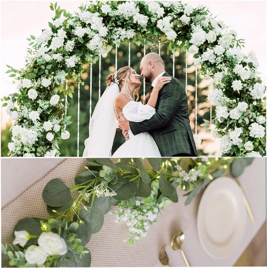 Eucalyptusdecoratie, 4 pakken, 1,5 m lange kunstmatige eucalyptusslinger met witte gipskruidbloemen, kunstmatige hangplant voor bruidsboeket