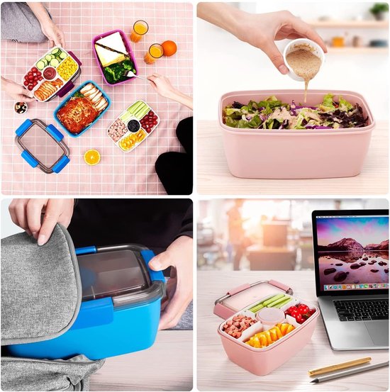 Lunchbox voor volwassenen, 2000 ml, grote lunchbox met vakken, voor volwassenen, 2-traps slabox om mee te nemen, duurzaam, lekvrij, BPA-vrij, broodtrommel voor werk/picknick (roze)