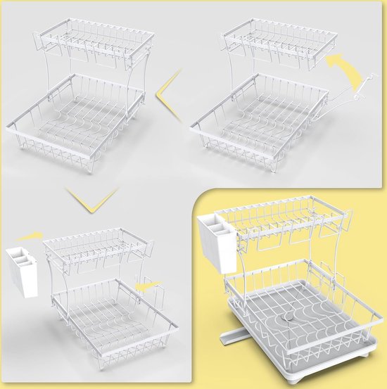 Afdruiprek voor servies, wit, afdruiprek en vaatwashandhouder, klein afdruiprek voor 1-3 personen, afdruiprek