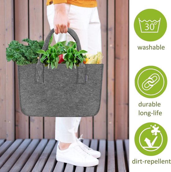 vilten tas shopper groot 30 liter boodschappentas XXL opvouwbare boodschappenmand brandhouttas kledingmand speelgoedtas donkergrijs/zwart