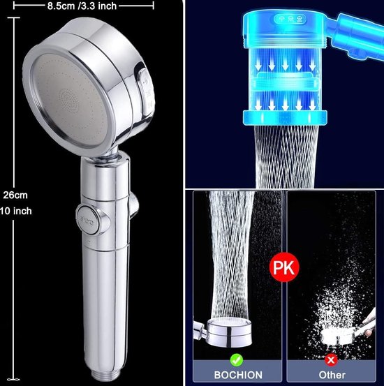 Douchekop, douchekop met slang, 2 m, regendouche, waterbesparend, hoge druk met 3 straalsoorten, universele handdouche, drukverhogend, douchekop met stopfunctie, knop voor baden en spa, chroom