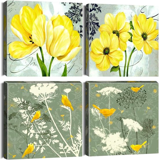 4-delige canvas foto met gele bloemen en vogels motief kunstprint - moderne muurfoto voor badkamer, woonkamer wanddecoratie - 30 x 30 cm