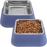 Voederbak voerbak honden katten hondenkom roestvrij staal antislipmat + vergroting van de onderste Basis voerbak voor honden en katten en waterbak (550 ml x 2, blauw)