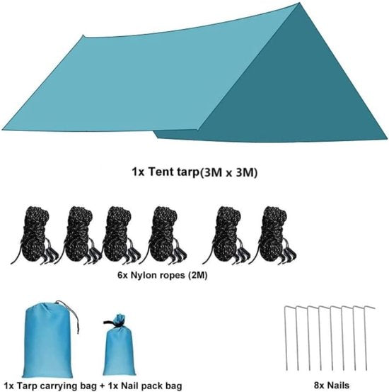 Tentzeil, waterdicht, 3 m x 3 m, camping, tarp, ultralicht, hangmat, luifel, waterdicht, tentzeil, Oxford-zeil, 2000 mm, regenbescherming, zonwering voor outdoor, reizen, strand, blauw