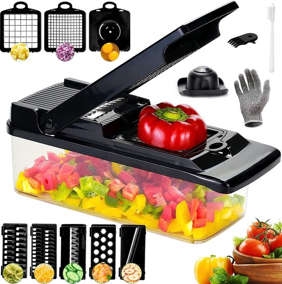 Multifunctionele groentesnijder, 15-in-1 mandoline, groenteschaaf, roestvrij staal, groentesnijder, handmatig, rasp voor groente- en uiensnijder, aardappelsnijder, komkommerschaaf, slahakker, zwart