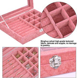 sieradenorganizerdoos, sieradendoos met glazen deksel, sieradendisplay, sieradenkoffer, sieradenkistje, sieradenlade voor halsketting, armband, ringen, oorbellen, sieraden (roze)