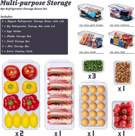 Koelkastorganizer met deksel, 9 stuks, transparante koelkastdoos, BPA-vrije koelkastopbergdozen voor keuken, bijkeuken, kasten en koelkast, voorzien van schoonmaakdoekje