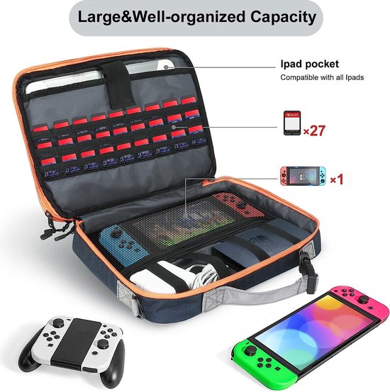 Kabelopbergtas met schouderband, 27 Game Switch-opbergvakken, 11,7-inch elektronisch opbergvak