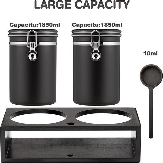 Koffieblik luchtdicht met houder, zwart 1850 ml x 2 roestvrij stalen koffiecontainers, koffiebonen bewaren met lepel voor koffiebonen, koffiepoeder, thee, noten en cacao