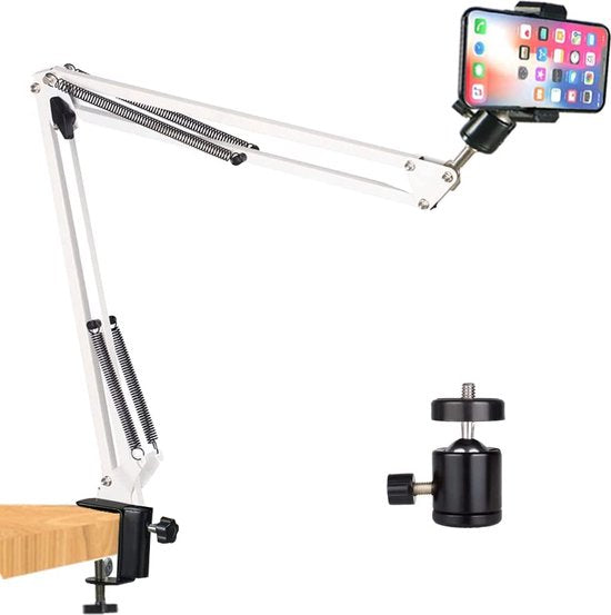 Mobiele telefoon gelede armsteun, webcamstandaard, schaarstatief met smartphoneklem en 1/4" schroef lange mouw mobiele telefoonhouder gelede armsteun (wit)