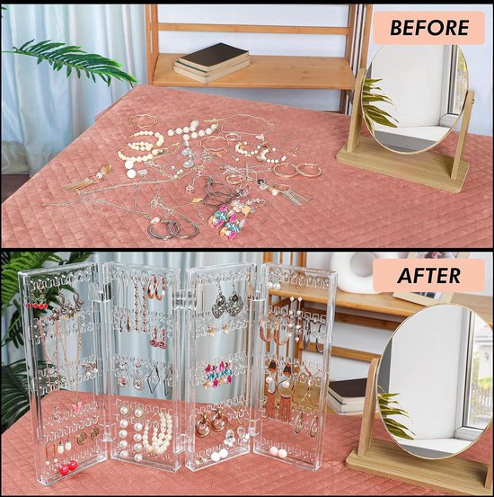 Opvouwbare acryl sieraden organizer - 5 lagen en 4 panelen voor het opbergen van oorbellen, armbanden en kettingen - biedt plaats aan 128 paar oorbellen - helder transparante sieraden organizer