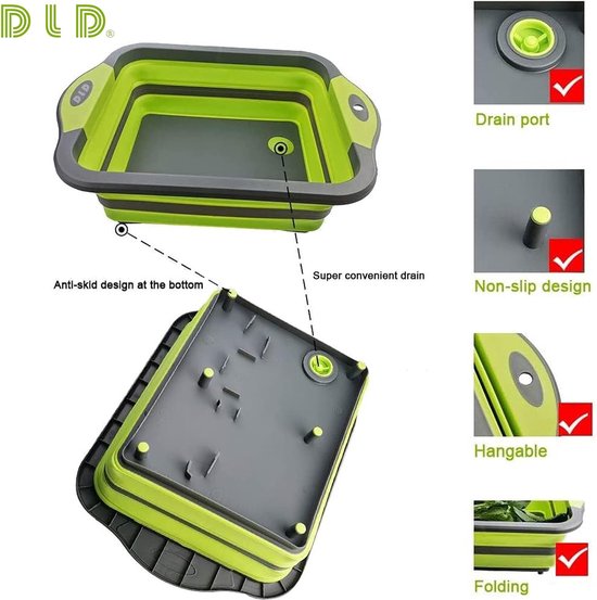 opvouwbaar snijbord met colandercontainers, opvouwbaar voedselveilige siliconen schotel snijbord, wasbak, afvoermand voor thuis, keuken, camping, picknick, barbecue