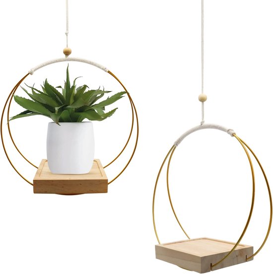 Macramé plantenhangers, 2 stuks, gouden bloempotophanghaakjes, boho, hangende planten, houten hanglampen voor binnen, buiten, tuin, balkon, raam