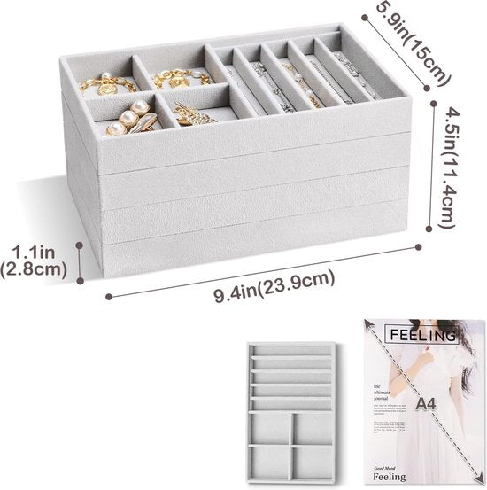 Sieradendienblad-organizer met 4 sieradenschalen, stapelbare sieradenlade-organizer, sieradenopslag voor oorbellen, ringen, grijs