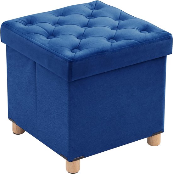 Opvouwbare kruk fluweel met opbergruimte en deksel met houten poten, 40 x 40 x 40 cm, blauw