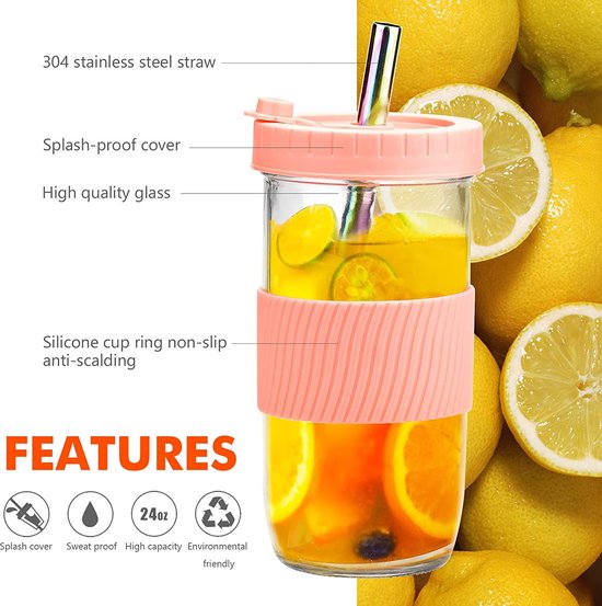 Set van 2 drinkglazen met spatvast deksel en rietje, herbruikbare inmaakglas, drinkbeker, bubble theebeker, Mason Jar glas voor dranken, smoothie, beker, cocktailglas, beker, 730 ml