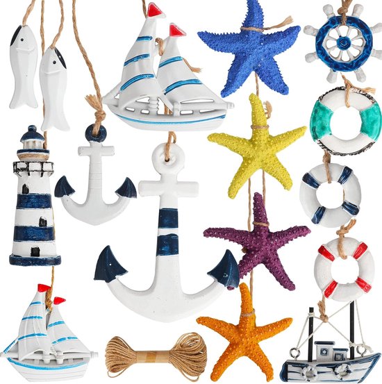 15 stuks maritieme decoratie wanddecoratie slaapkamer, vuurtoren anker zeilschip reddingsringen zeester vissen decoratie hanger etc. coole zomer raamdecoratie hangdecoratie woonkamer decoratie