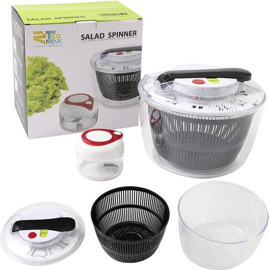 Saladecentrifuge, 5L handmatige slacentrifuge & Fruit Groente Wasdroger met Veilig Dekselslot & Draaigreep, smakelijkere salades en snellere voedselbereiding