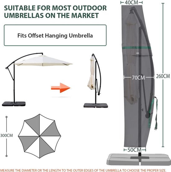 Zweefparasol/parasolhoes met staaf, afdekhoes voor tuinscherm met ventilatieopeningen, afdekking voor zwengelparasol/balkonscherm, 100% polyester, waterdicht, donkergrijs