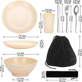 Campingbestekset, herbruikbare lichte bekers, schalen, borden en roestvrijstalen bestek met zwarte tas, vaatwasmachinebestendig