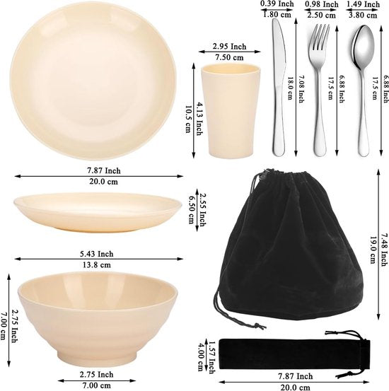 Campingbestekset, herbruikbare lichte bekers, schalen, borden en roestvrijstalen bestek met zwarte tas, vaatwasmachinebestendig