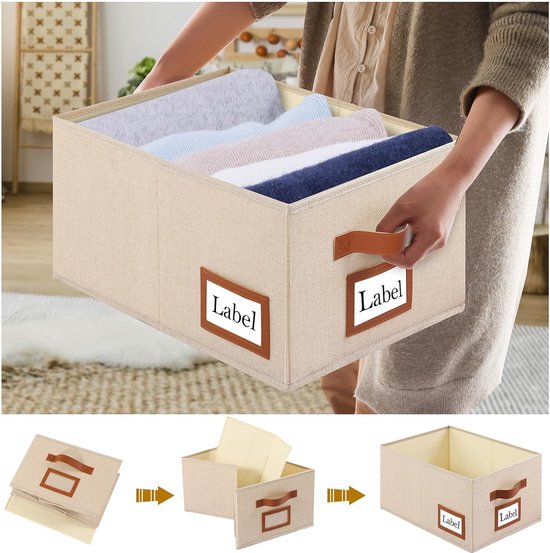 3 stuks stoffen opbergdozen, opvouwbare opbergkist, organizer met handvat, grote opbergmand, opbergdozen voor kledingkast, kleding, boeken en speelgoed (40 x 30 x 20 cm, beige)