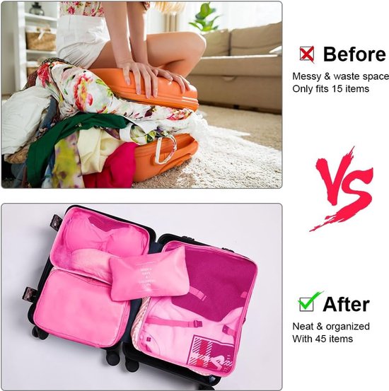 Kofferorganizerset, 8-delig, verpakkingsblokjes, waterdichte reiskledingzakken, inpakzakken voor koffer, kofferorganizer, reistas met make-uptasje, schoenentas, USB-kabeltas (rozerood)