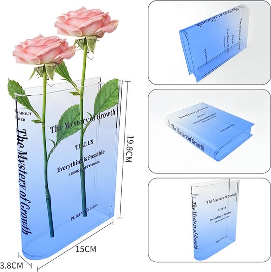 Boekvaas, acryl boekenvaas, tulpenvaas, decoratieve vaas, boekdecoratie, voor bloemstukken, middenstukken en woondecoratie (kleurverloop blauw)