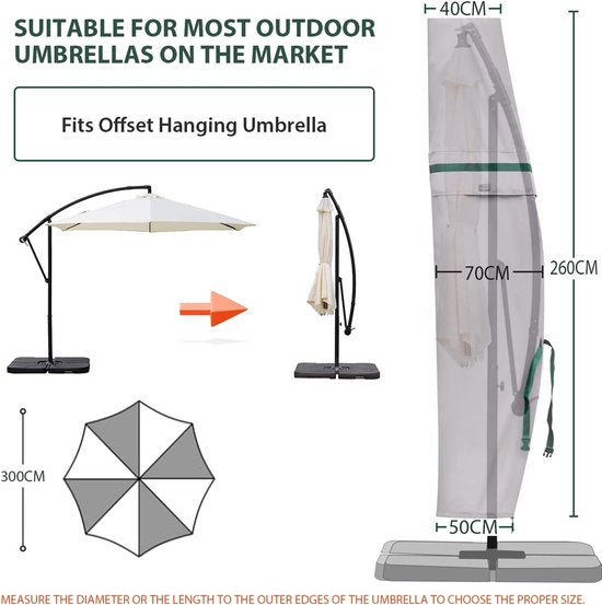 Zweefparasol/parasolhoes met staaf, afdekhoes voor tuinscherm met ventilatieopeningen, afdekking voor zwengelparasol/balkonscherm, 100% polyester, waterdicht, lichtgrijs