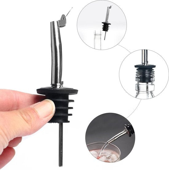 6 stuks roestvrijstalen schenktuit en 2 stuks rubberen schenktuit, olijfolie siroop azijn fles schenktuit, cocktail rode wijn champagne bierflesstopper, met 2 reinigingsborstels.