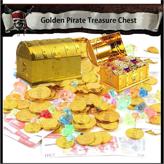 Gouden piratenkist, piratenschatkist, schatkist voor kinderen, kleine schatkist, schatkist met slot, vergulde piratenschatkist, voor verjaardagscadeaus, feestgeschenken, rollenspellen