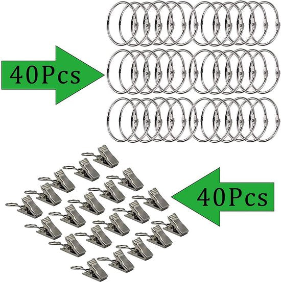 gordijnhaken, 40 stuks, 35 mm binnendiameter, ringen, douchegordijn, roestvrij staal, metalen gordijnclip, gordijnroede, met clips